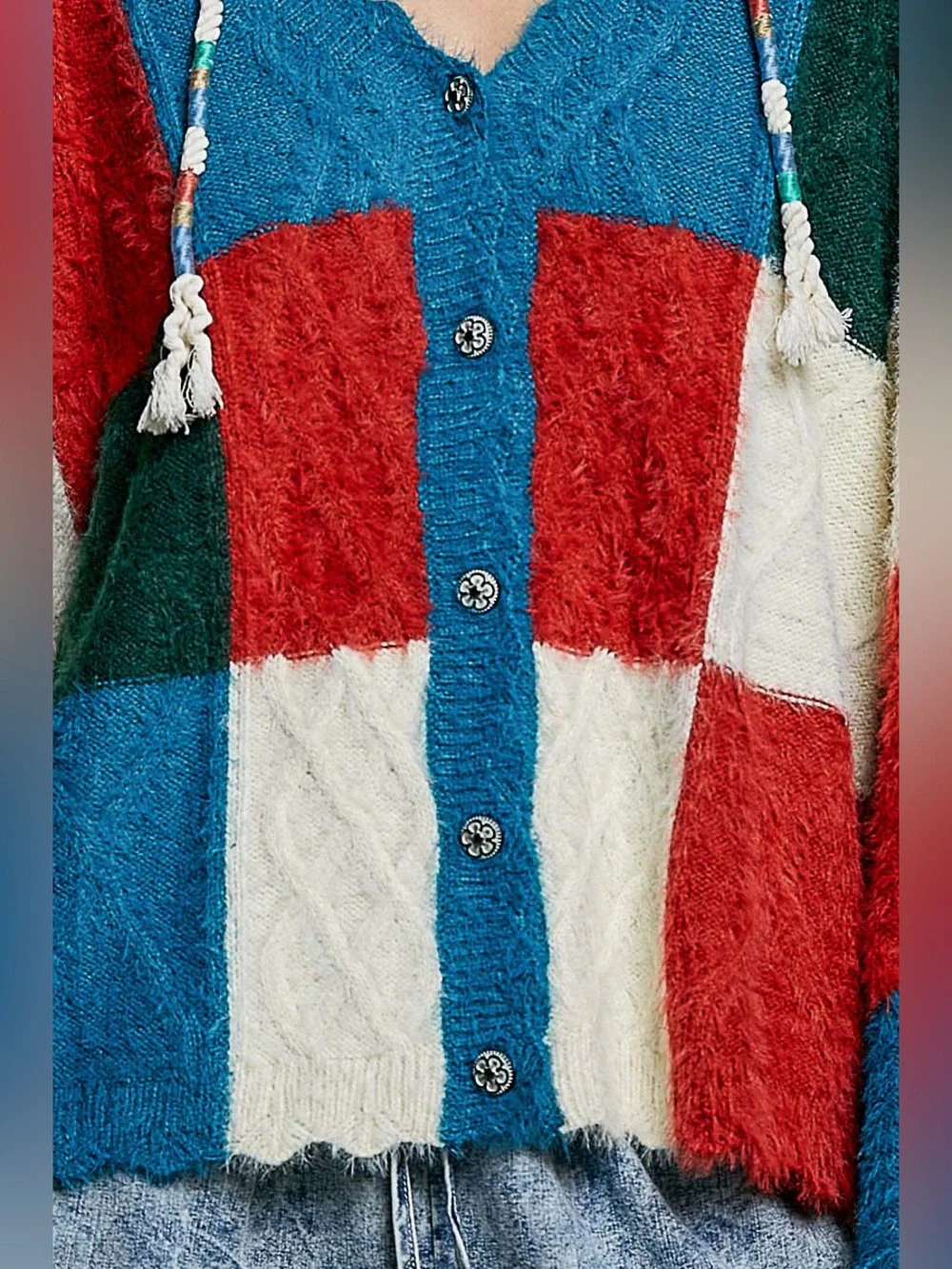 POL “ Technicolor “ Cardigan Colorblock Colorful Sweater | Red + Blue